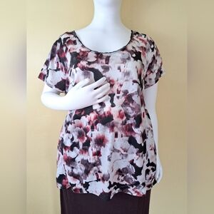 Abstract Distressed Floral Scoop Neck Blouse